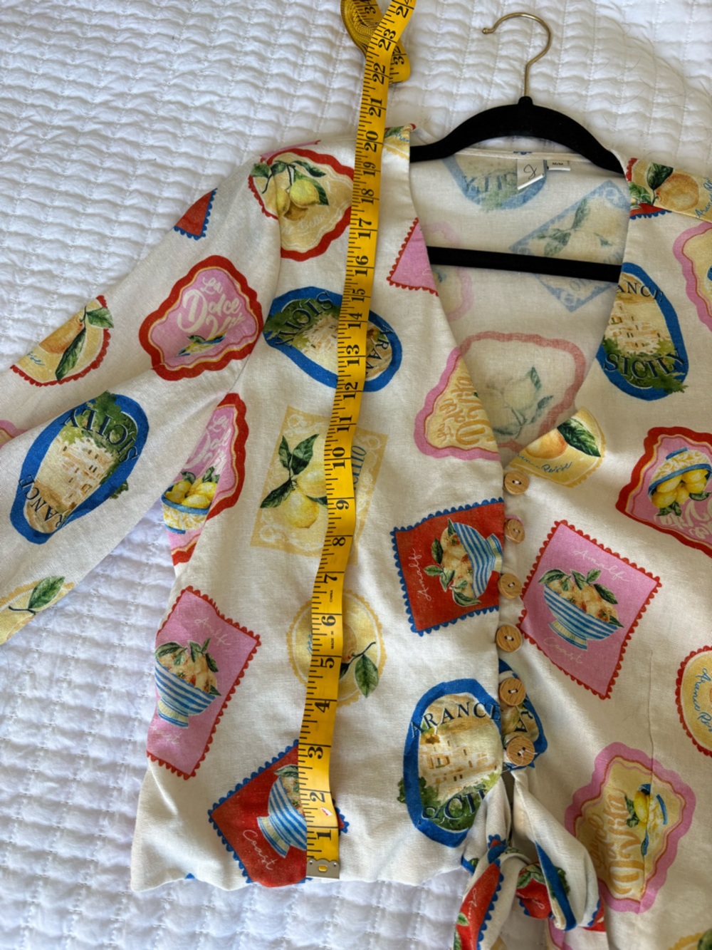 Joie Cream Lemon Print Tie Front Blouse, Multicolor Floral Accents, Size Medium - Picture 11 of 12
